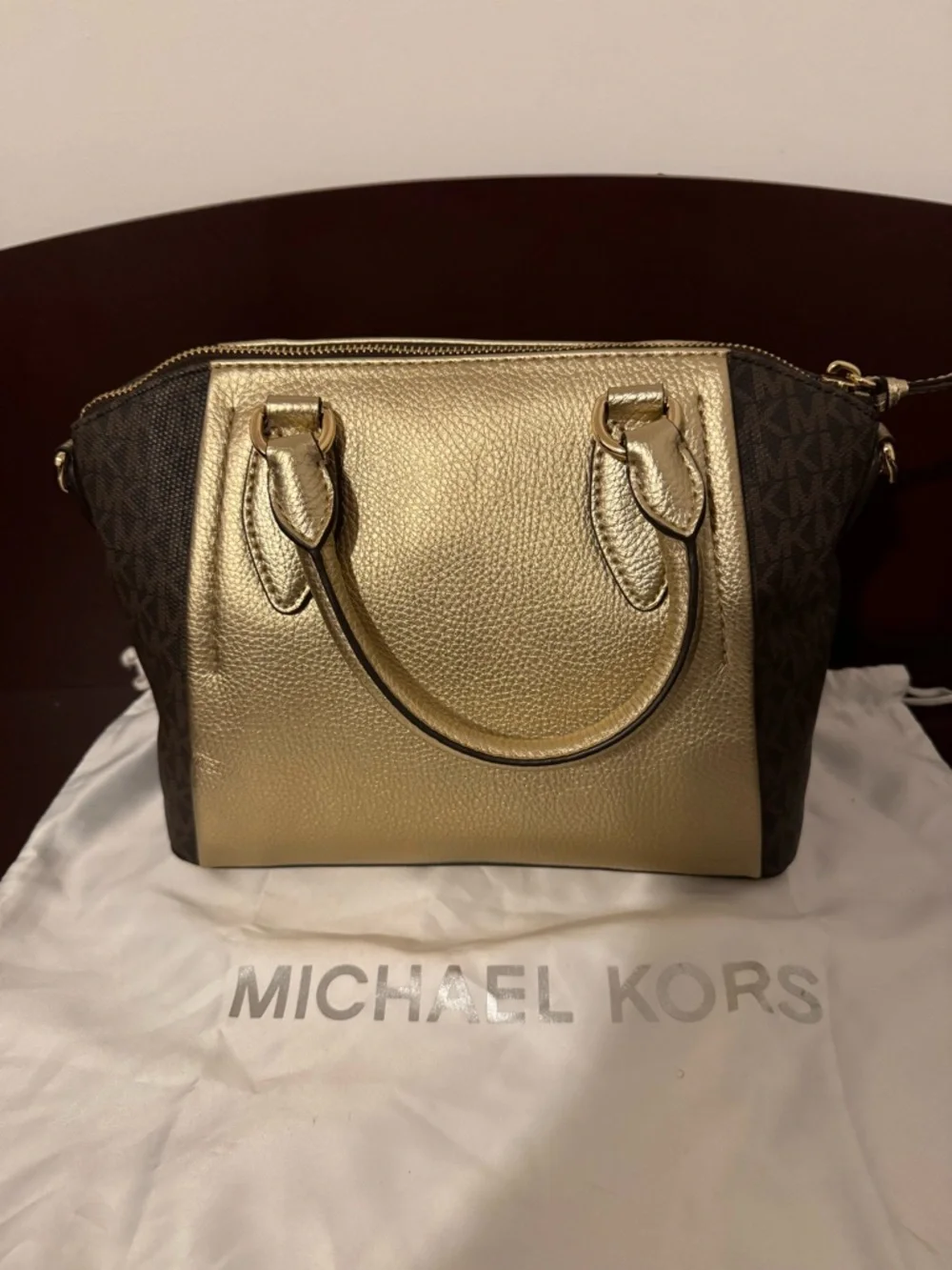 Michael Kors Gold and Brown Logo Satchel - Picture 3 of 7